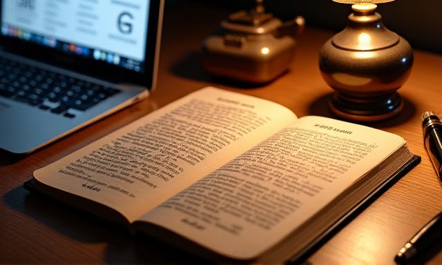 오래된 고서를 펼쳐놓고 그 위에 현대적인 연구 보고서와 펜이 놓여 있는 장면
