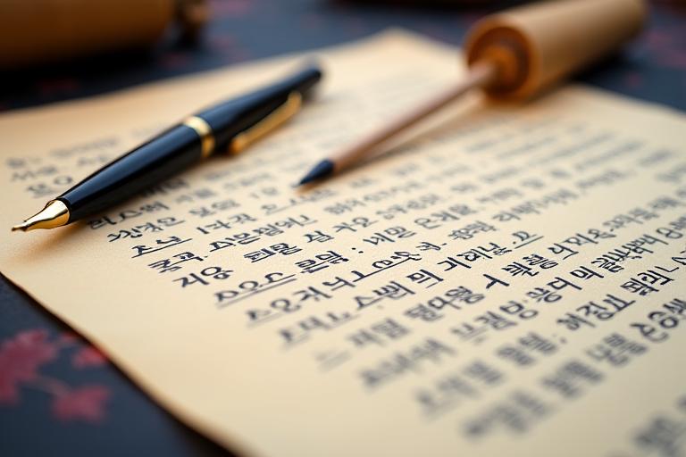 한국 전통 두루마리 위에 이용 약관과 서명 펜이 있는 이미지